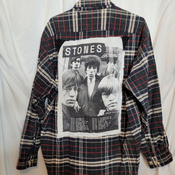 Rolling Stones Upcycle Button Up Plaid Shirt Tommy Hilfiger Size Large - Picture 1 of 12